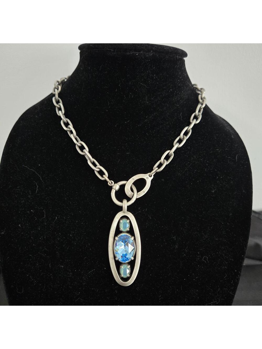 Myka Pewter Blue Crystal Statement Necklace Modernist Necklace Oval Pendant Y2K